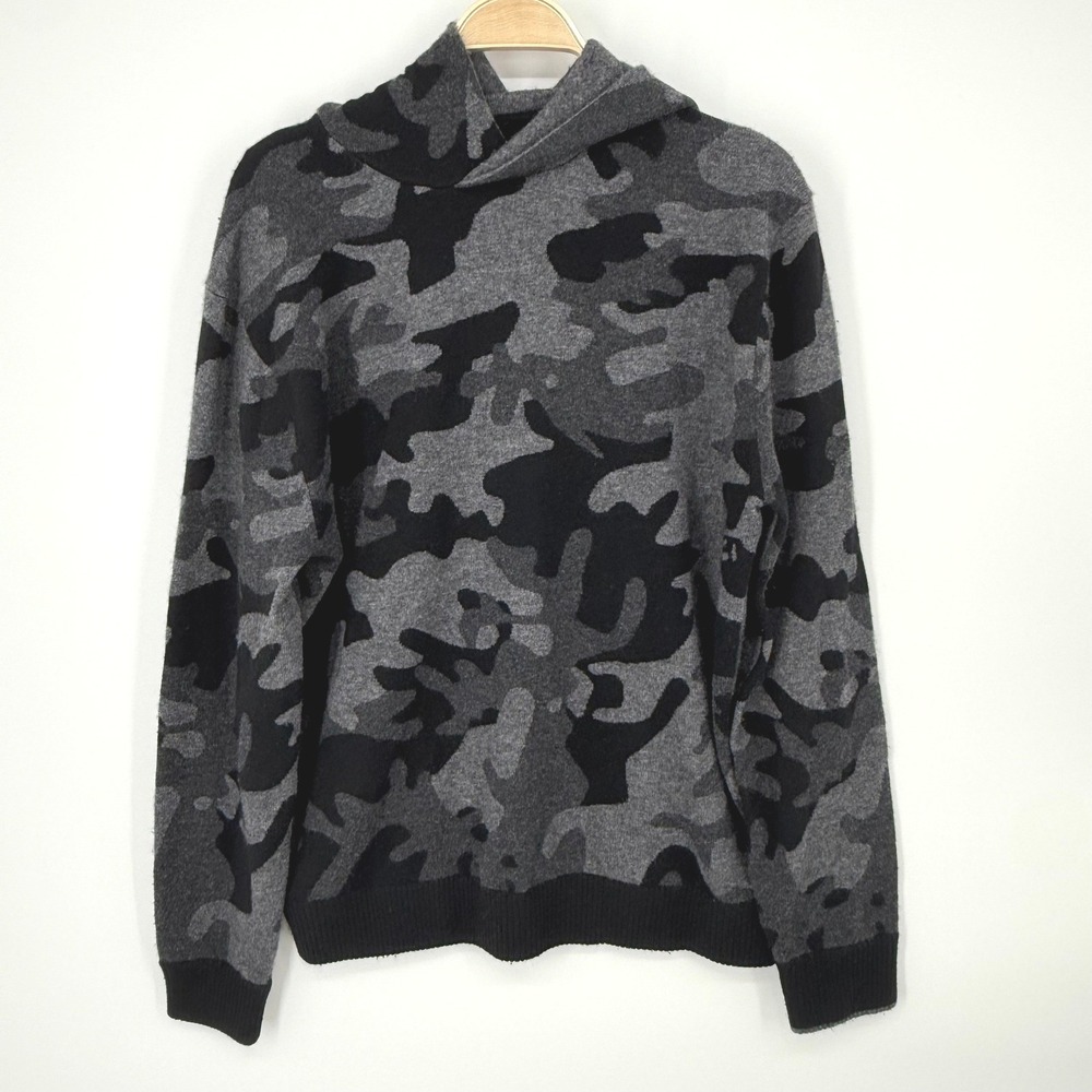 Greyson Camo Knit Hoodie Mens Large Grey Black Wool Cashmere Excellent Sweater